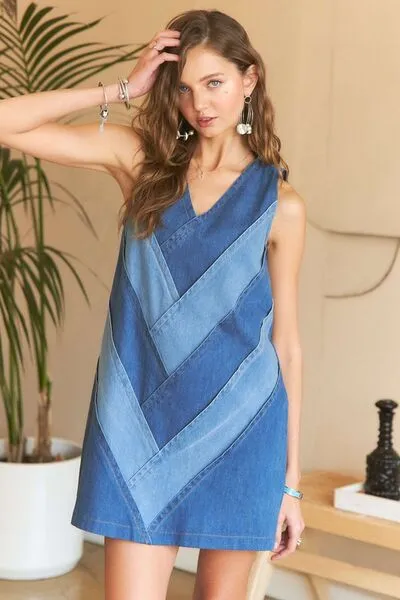 Chevron Color V-Neck Denim Dress
