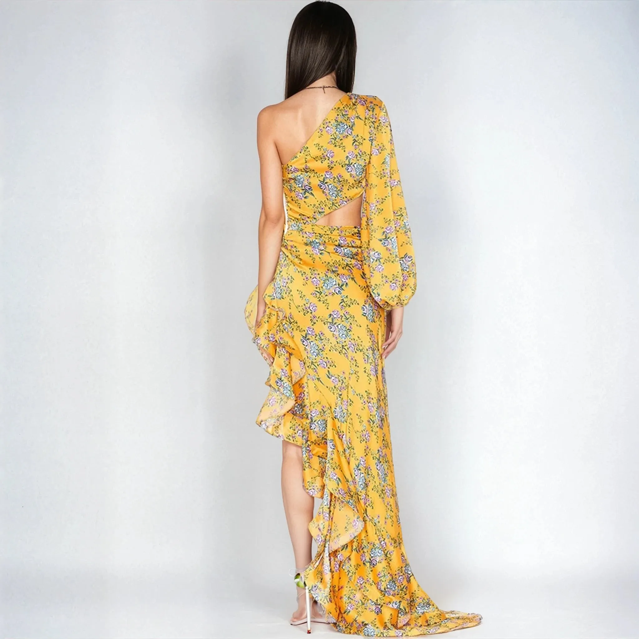 Chic One Shoulder Satin Ruffle Floral Evening Gown - Gorgeous Yellow