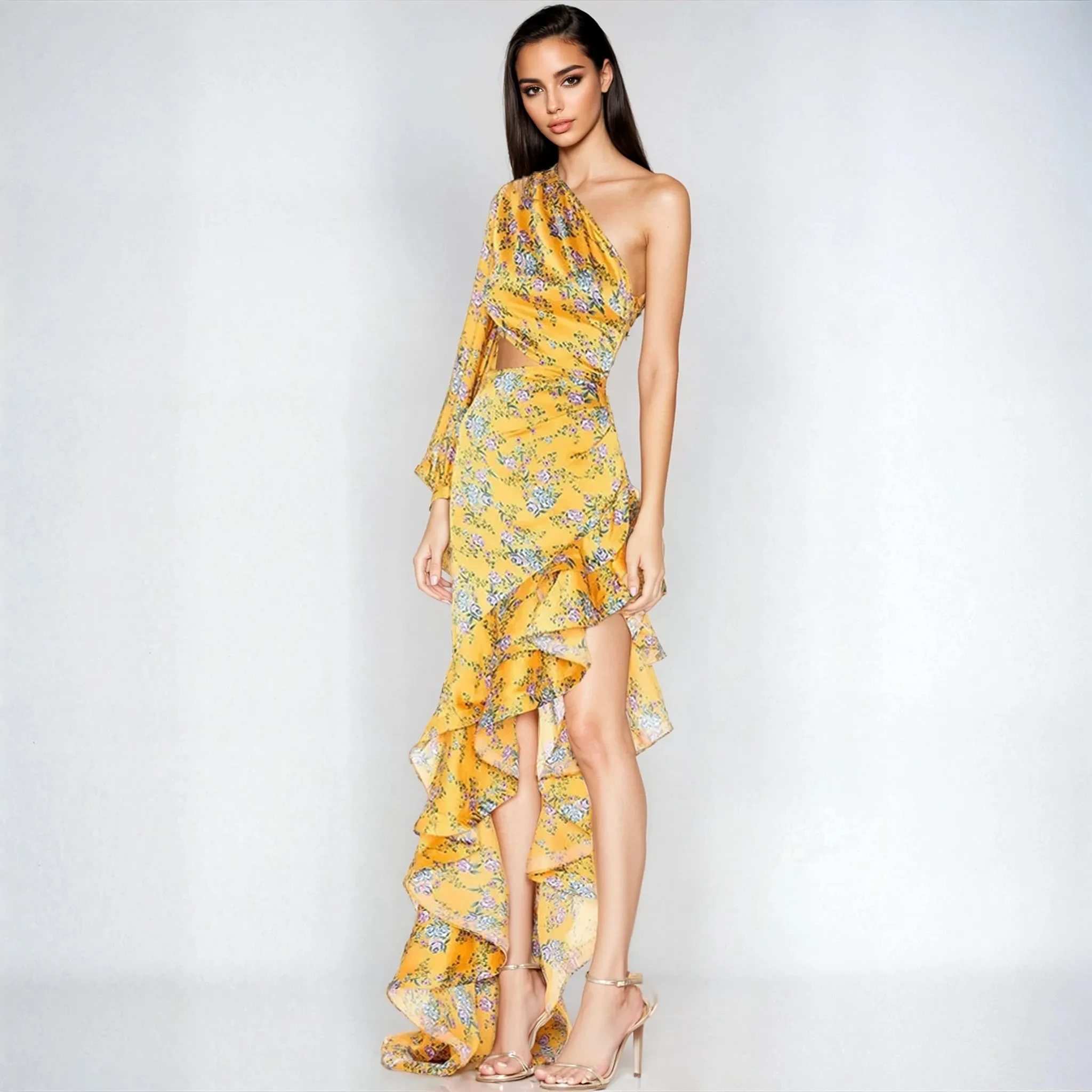 Chic One Shoulder Satin Ruffle Floral Evening Gown - Gorgeous Yellow