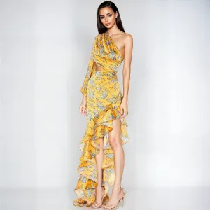 Chic One Shoulder Satin Ruffle Floral Evening Gown - Gorgeous Yellow