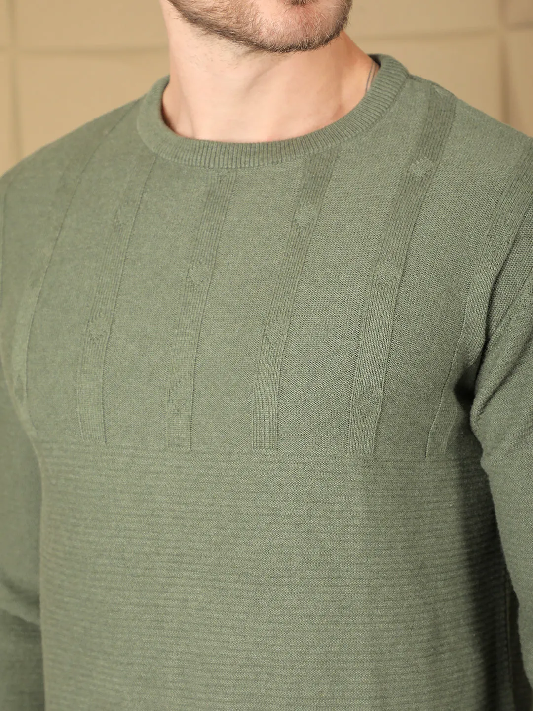 COBB DARK GREEN SELF-DESIGN ROUND NECK SWEATER