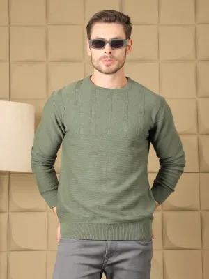 COBB DARK GREEN SELF-DESIGN ROUND NECK SWEATER