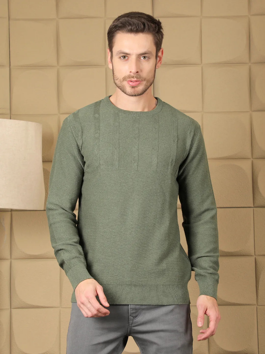 COBB DARK GREEN SELF-DESIGN ROUND NECK SWEATER