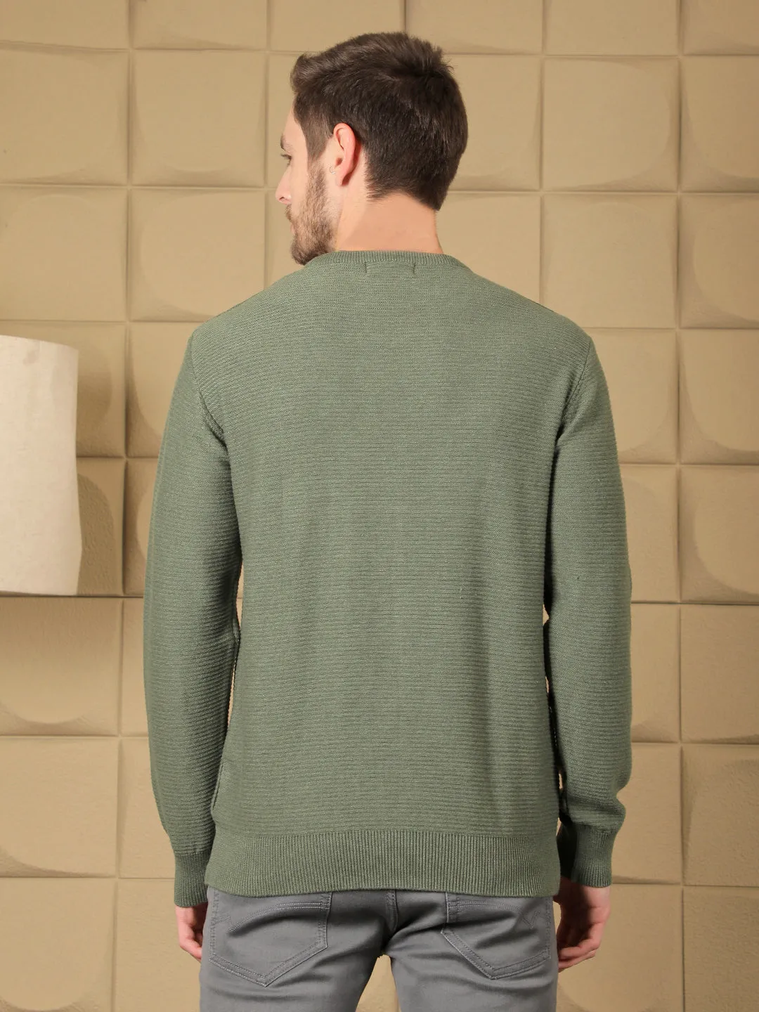 COBB DARK GREEN SELF-DESIGN ROUND NECK SWEATER