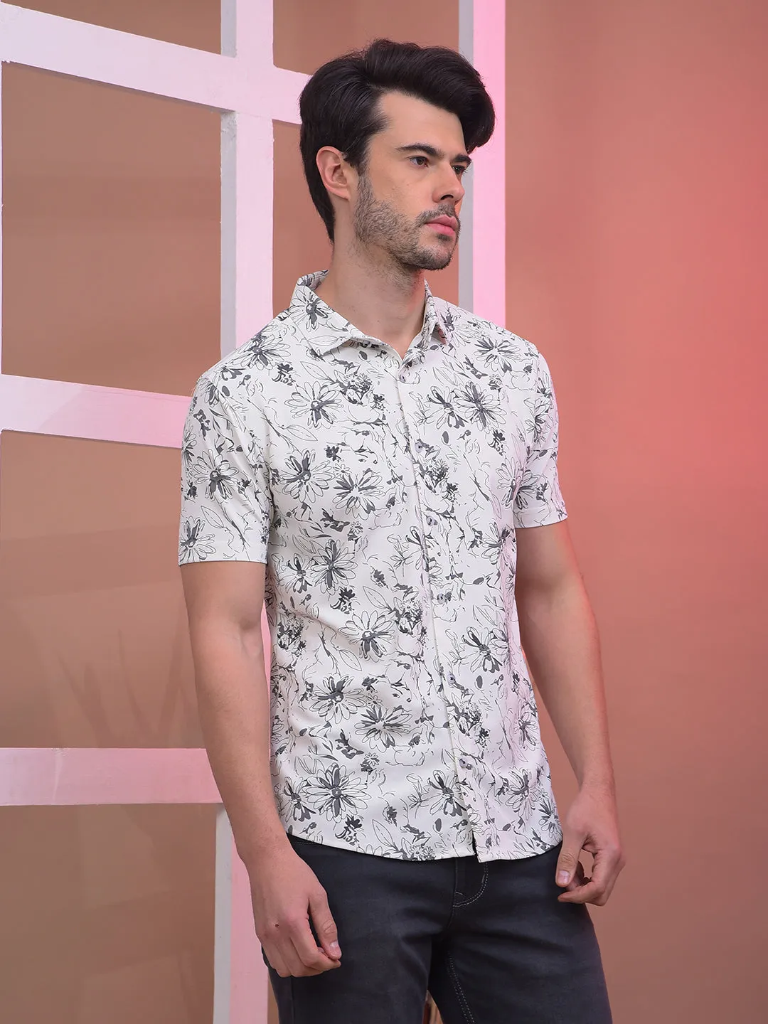 COBB GREY WHITE PRINTED HALF-SLEEVE CASUAL SHIRT