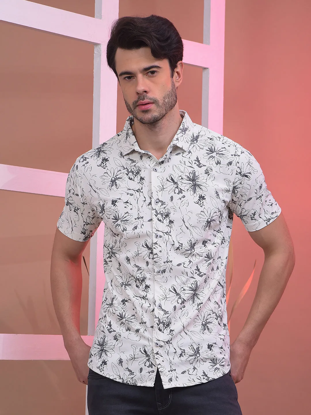 COBB GREY WHITE PRINTED HALF-SLEEVE CASUAL SHIRT