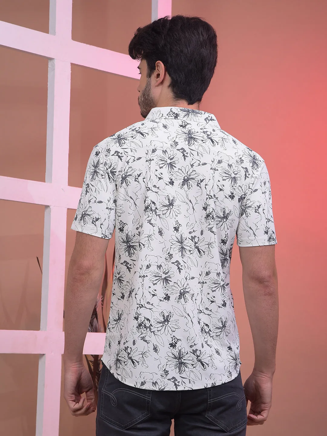 COBB GREY WHITE PRINTED HALF-SLEEVE CASUAL SHIRT