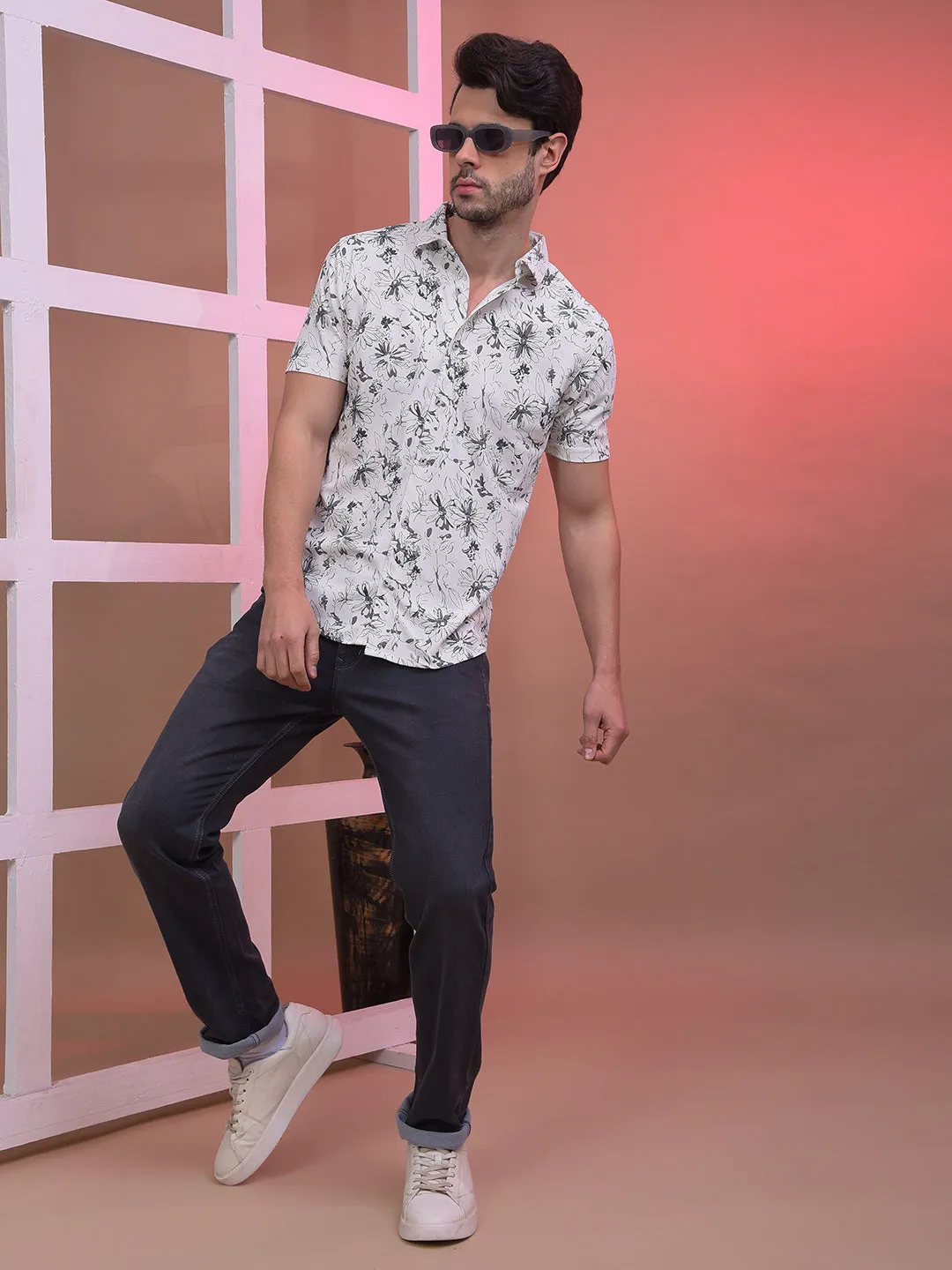COBB GREY WHITE PRINTED HALF-SLEEVE CASUAL SHIRT