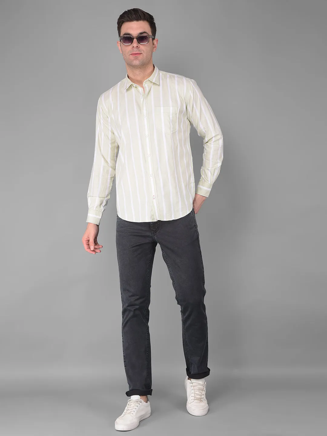COBB PISTA GREEN STRIPED SLIM FIT CASUAL SHIRT