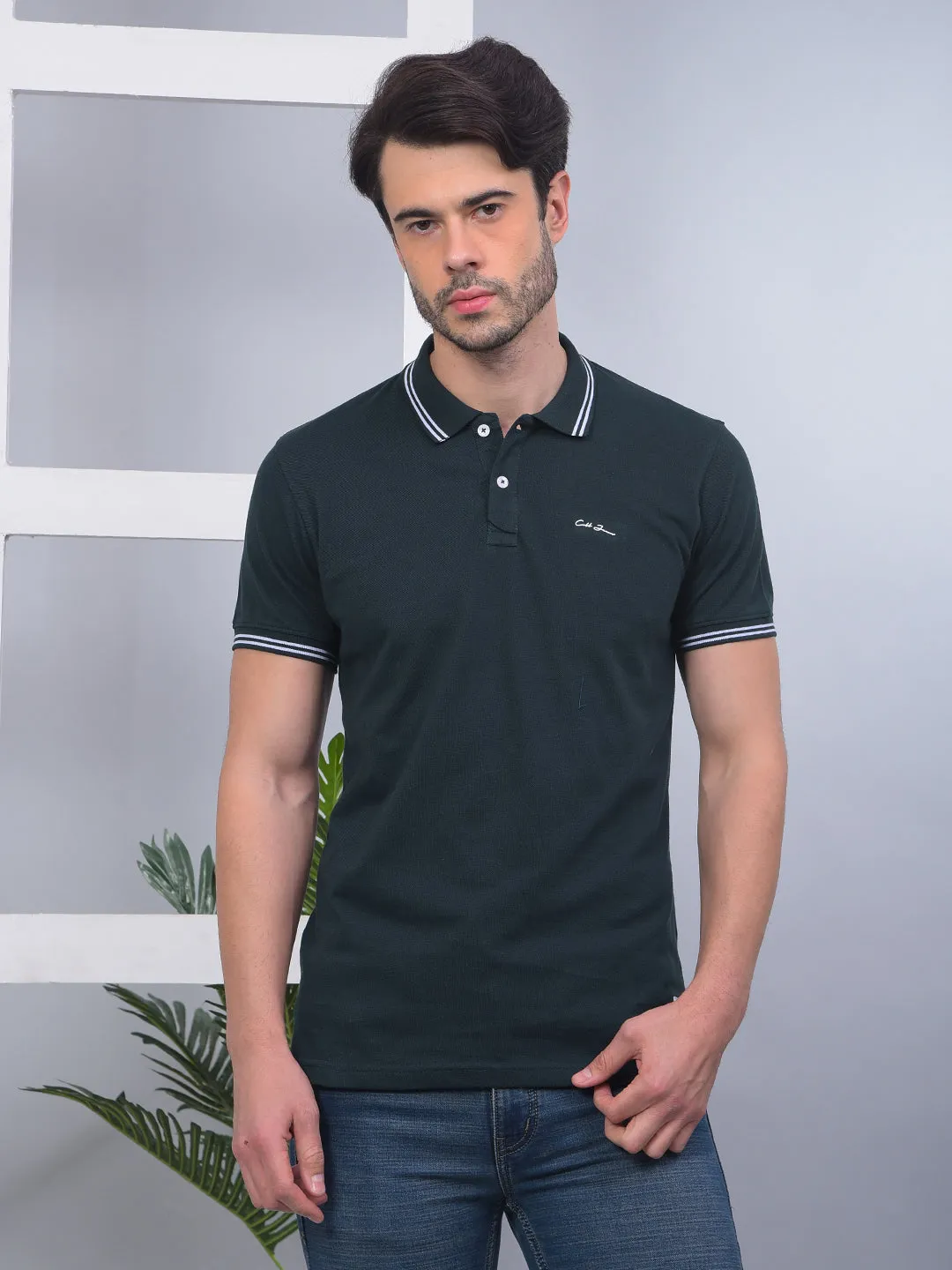 COBB SOLID BOTTLE GREEN POLO NECK T-SHIRT