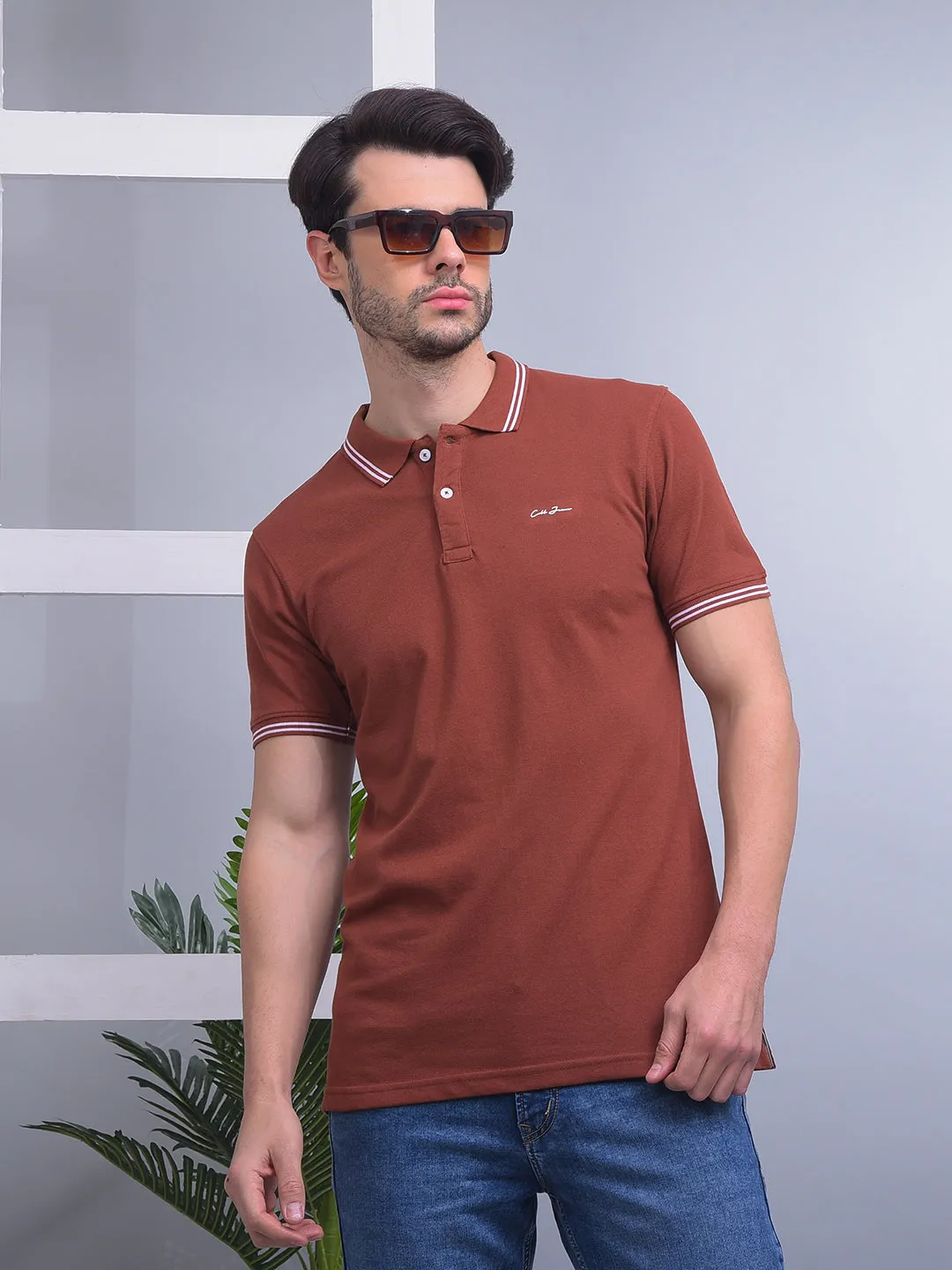 COBB SOLID BROWN POLO NECK T-SHIRT