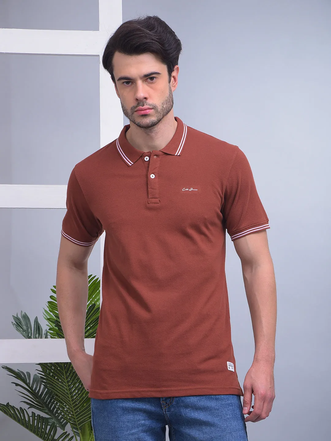 COBB SOLID BROWN POLO NECK T-SHIRT