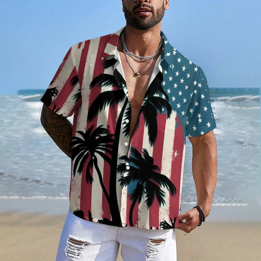 Coconut Tree Stars and Stripes Print Short Sleeve Shirt 2406002111