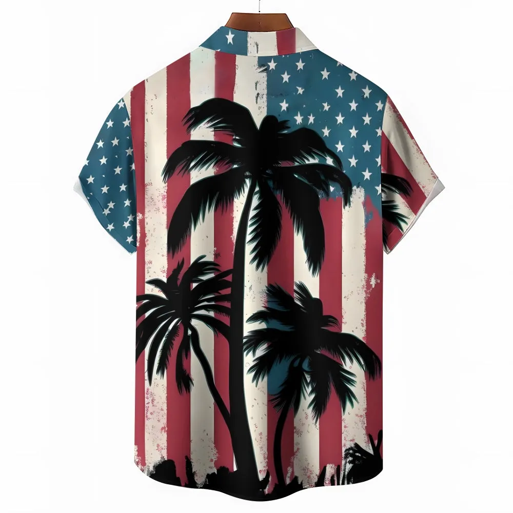 Coconut Tree Stars and Stripes Print Short Sleeve Shirt 2406002111