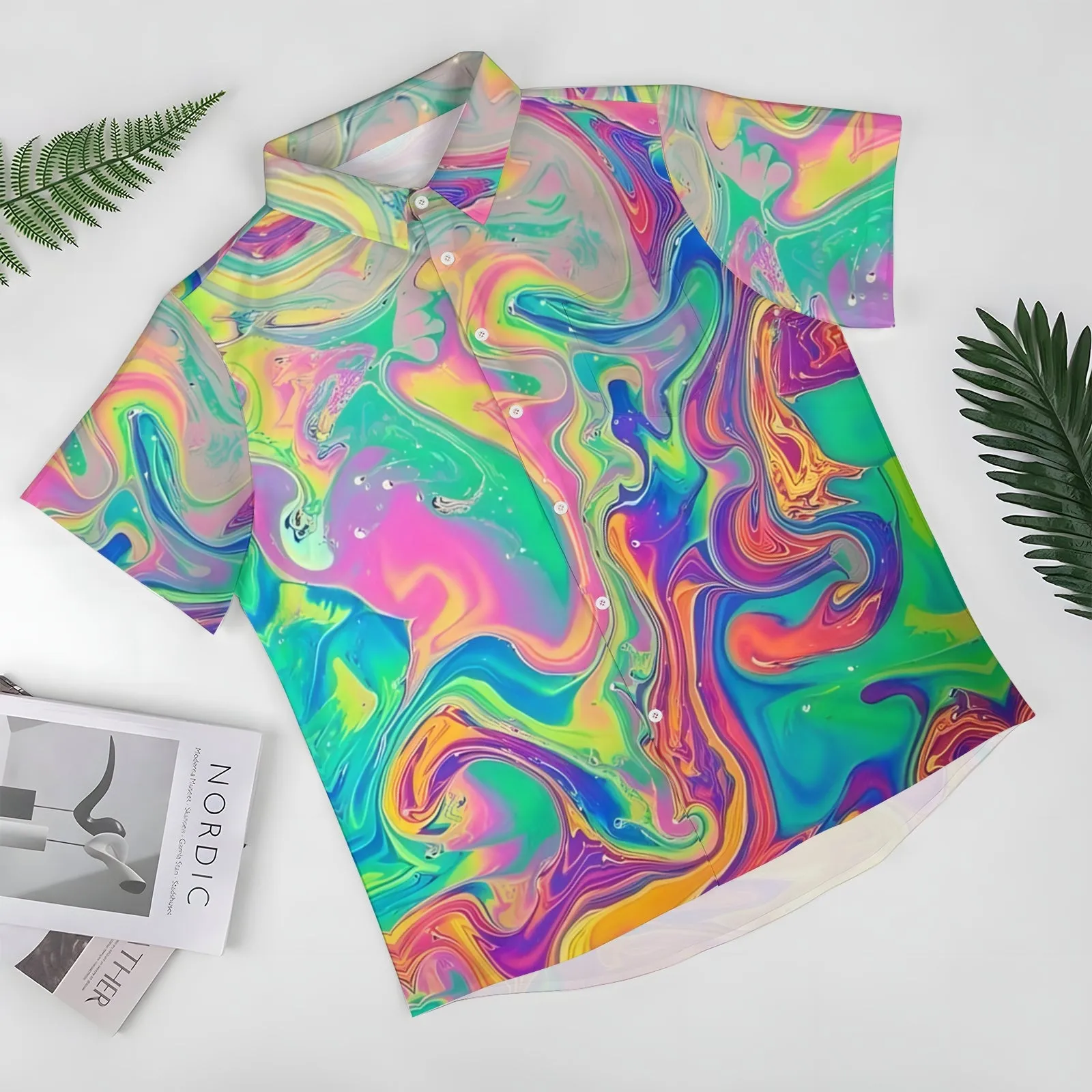 Colorful Fluid Art Print Casual Short Sleeve Shirt 2404001899