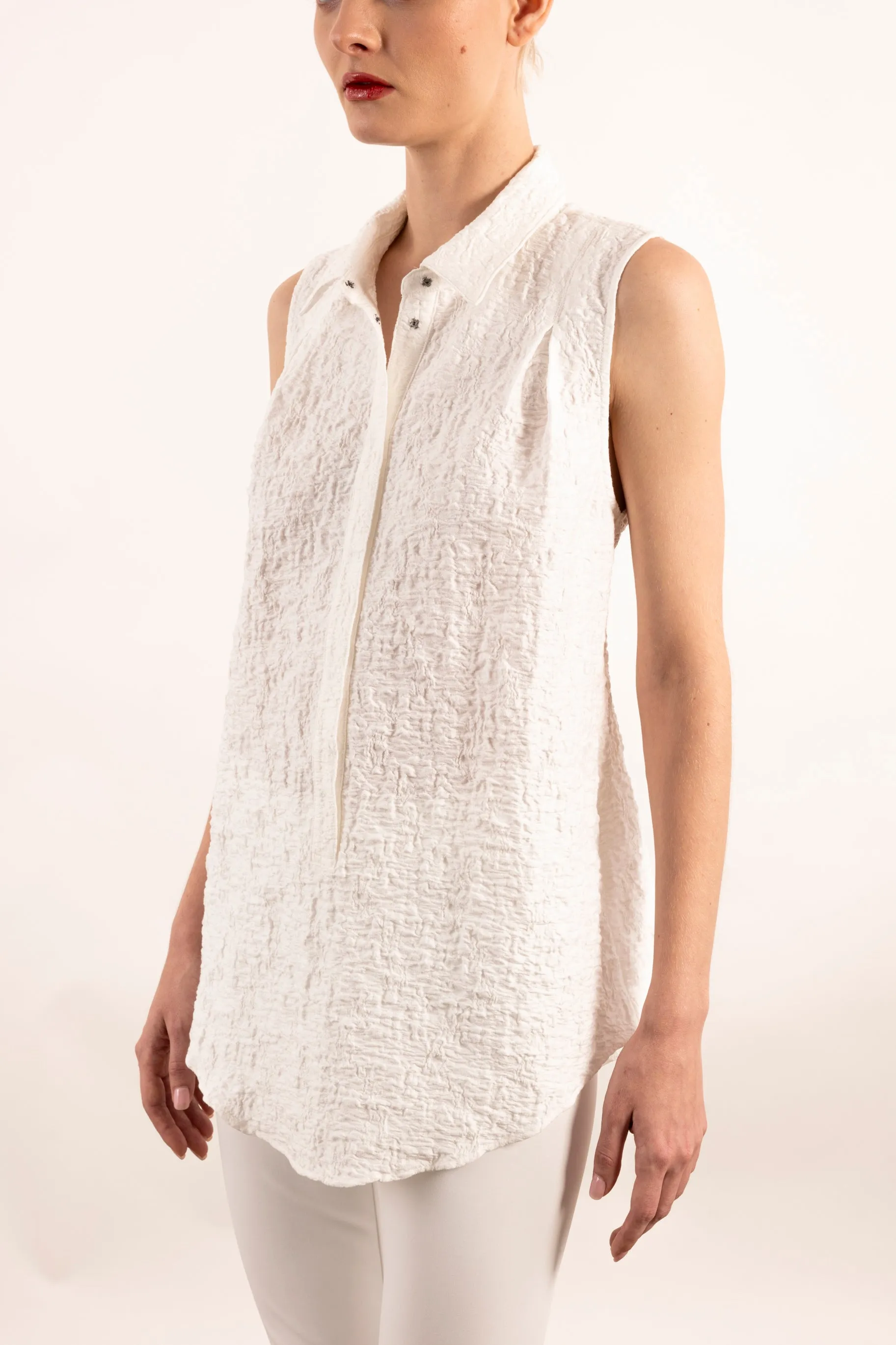 Cotton Shirt Collar Shell Top - YUCCA