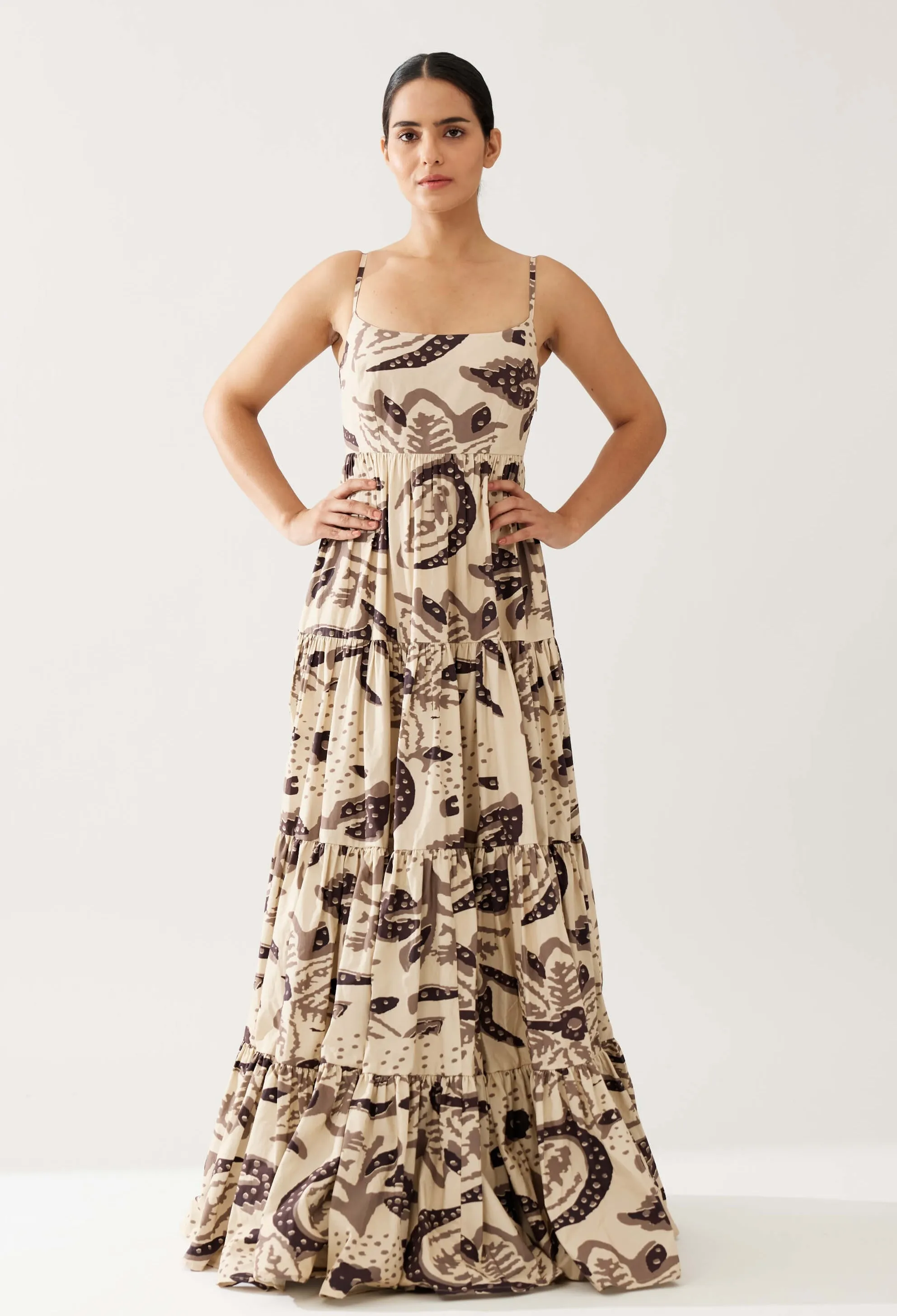 Cream and dark brown floral tier dress