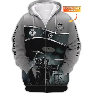 Custom Drummer Shirts Drum Set 3D Full Print Shirt Drums Personalized Name 3D Zipper Hoodie, 3D Hoodie Tshirt