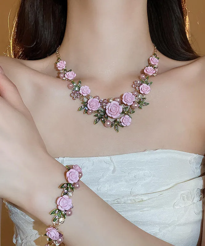 Cute Pink Sterling Silver Alloy Zircon Pearl Floral Pendant Necklace