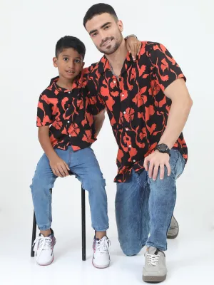 Dad & Son Flower Print Shirt Black Orange