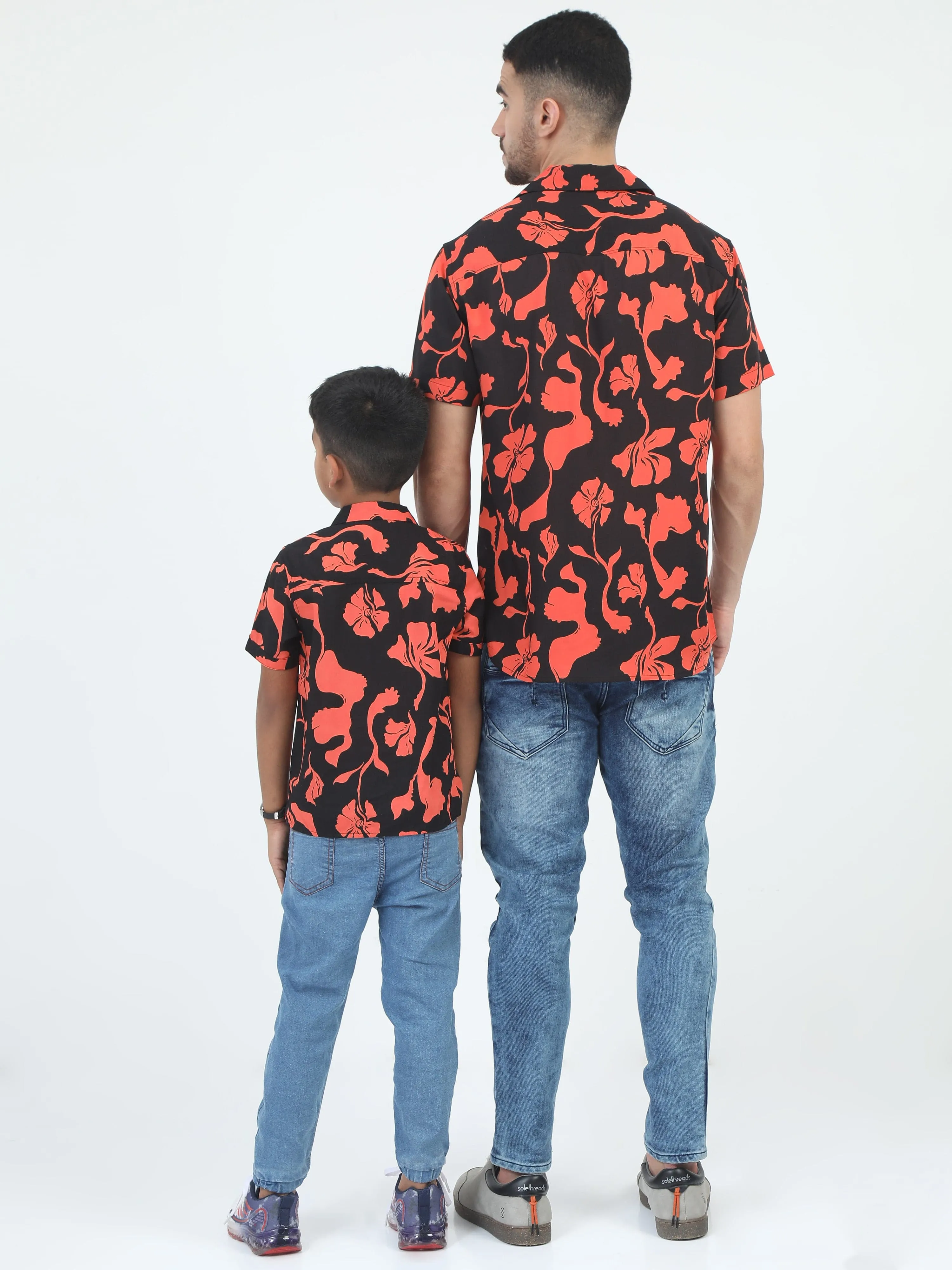 Dad & Son Flower Print Shirt Black Orange