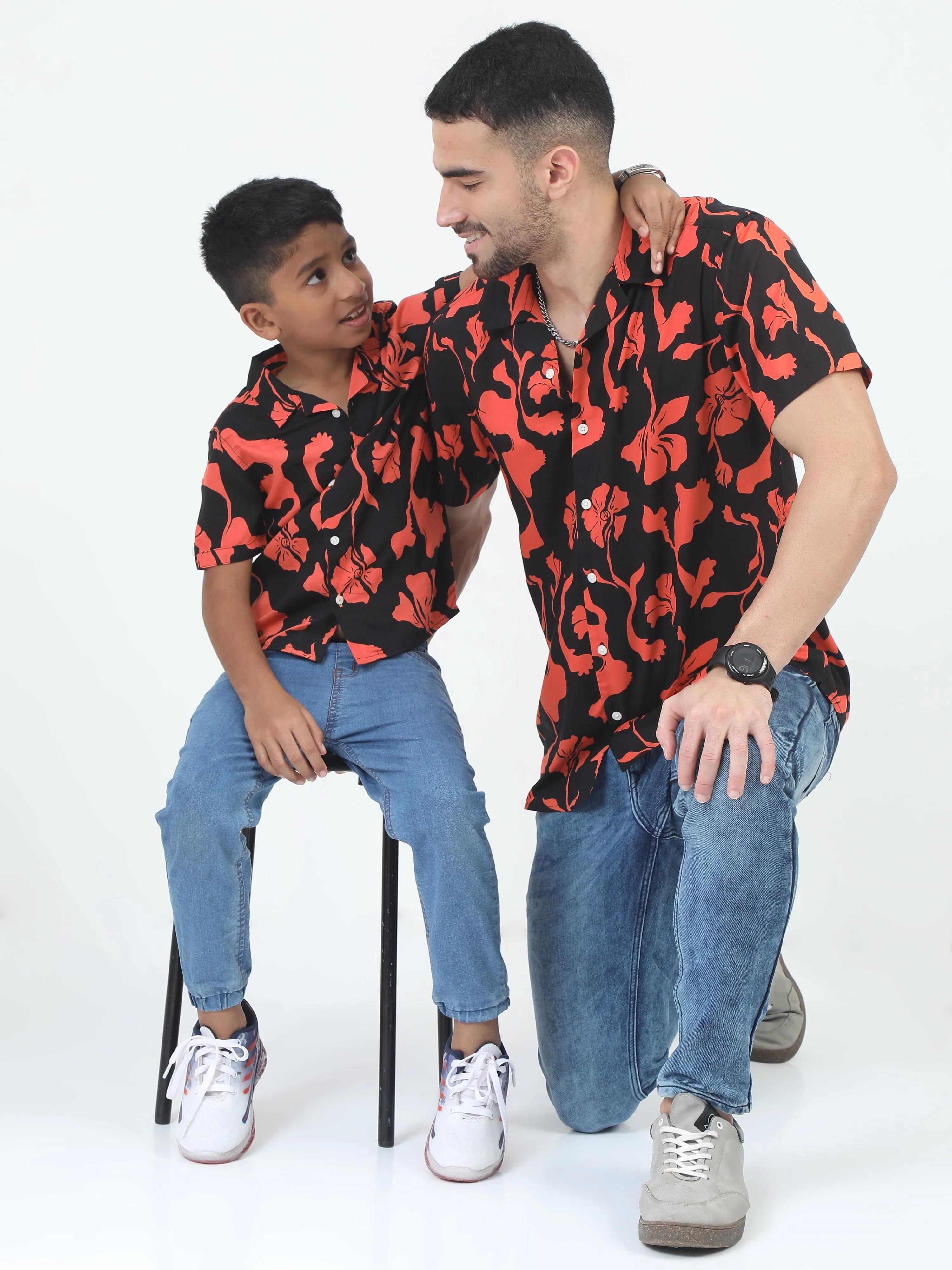 Dad & Son Flower Print Shirt Black Orange
