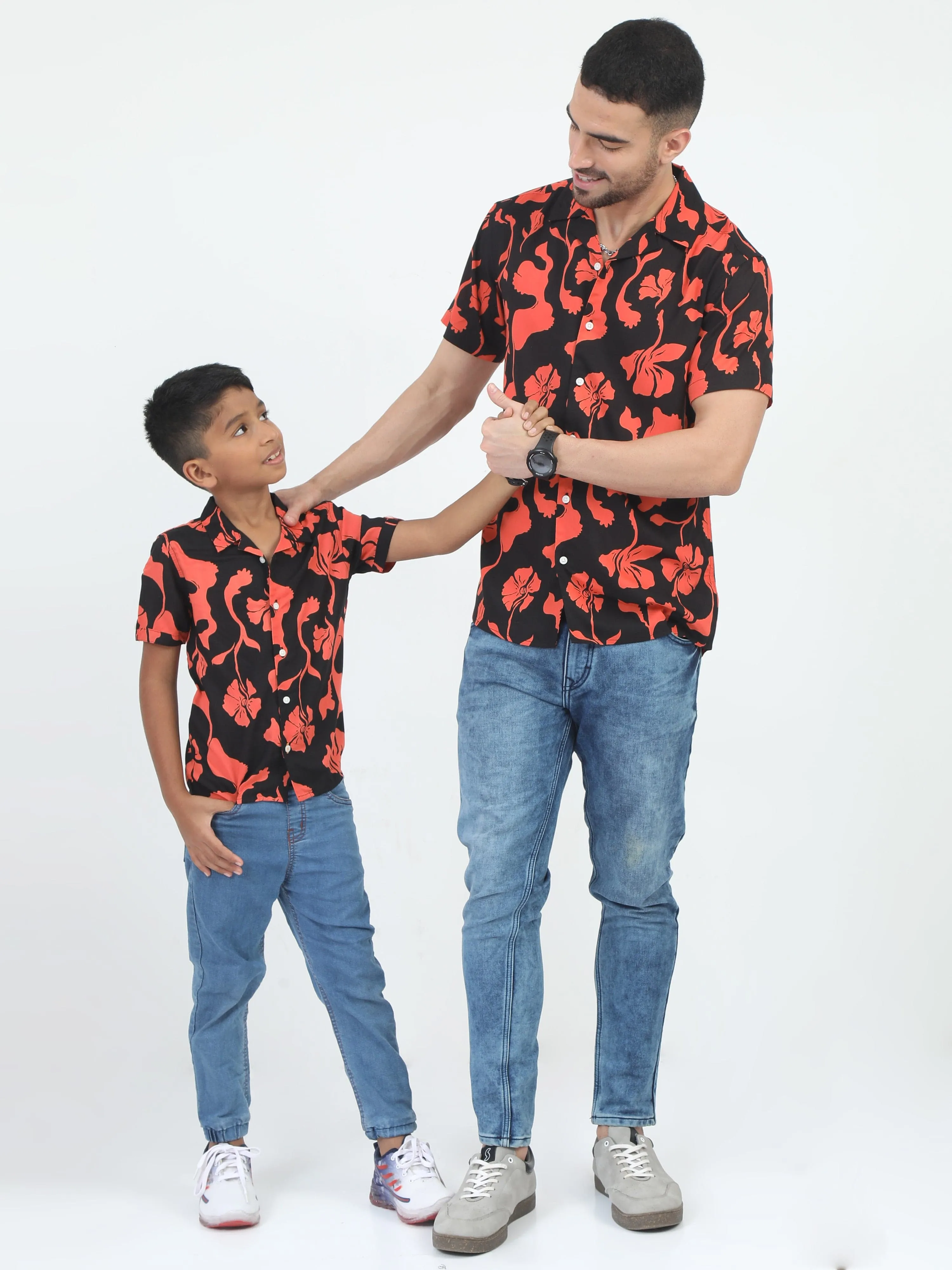 Dad & Son Flower Print Shirt Black Orange