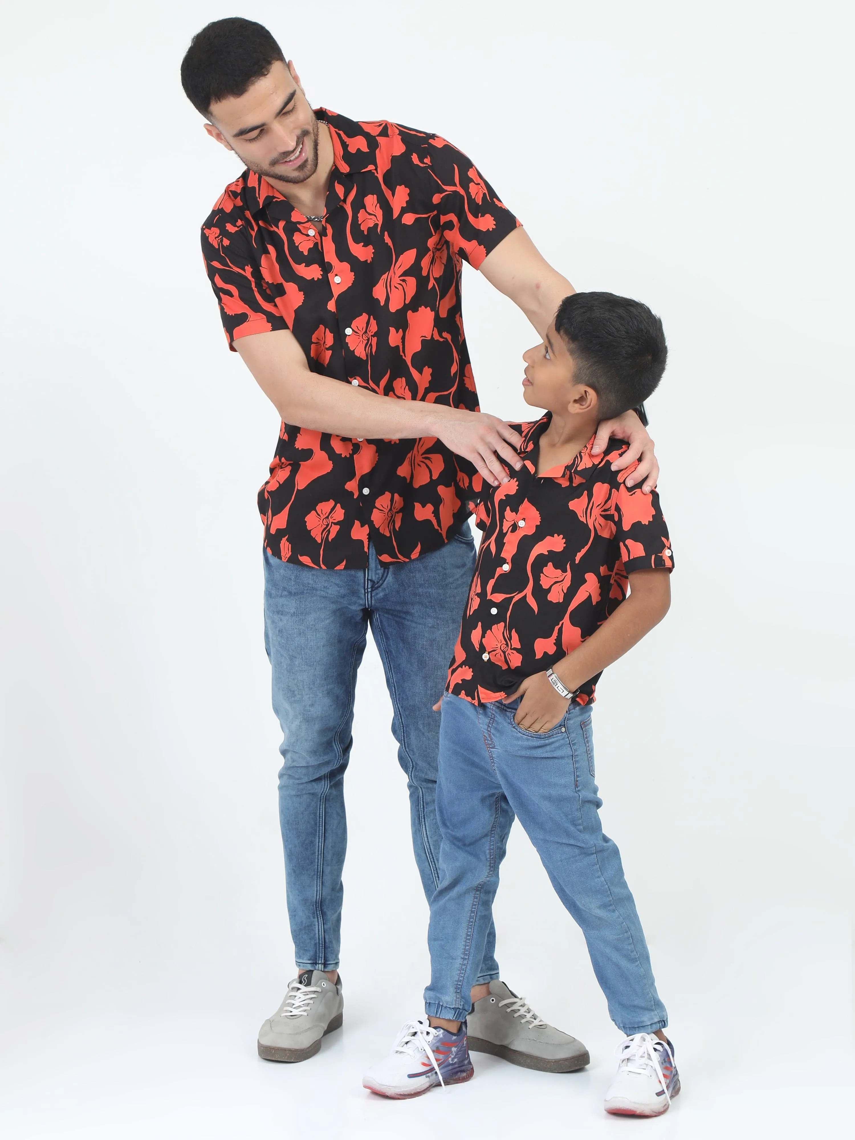Dad & Son Flower Print Shirt Black Orange