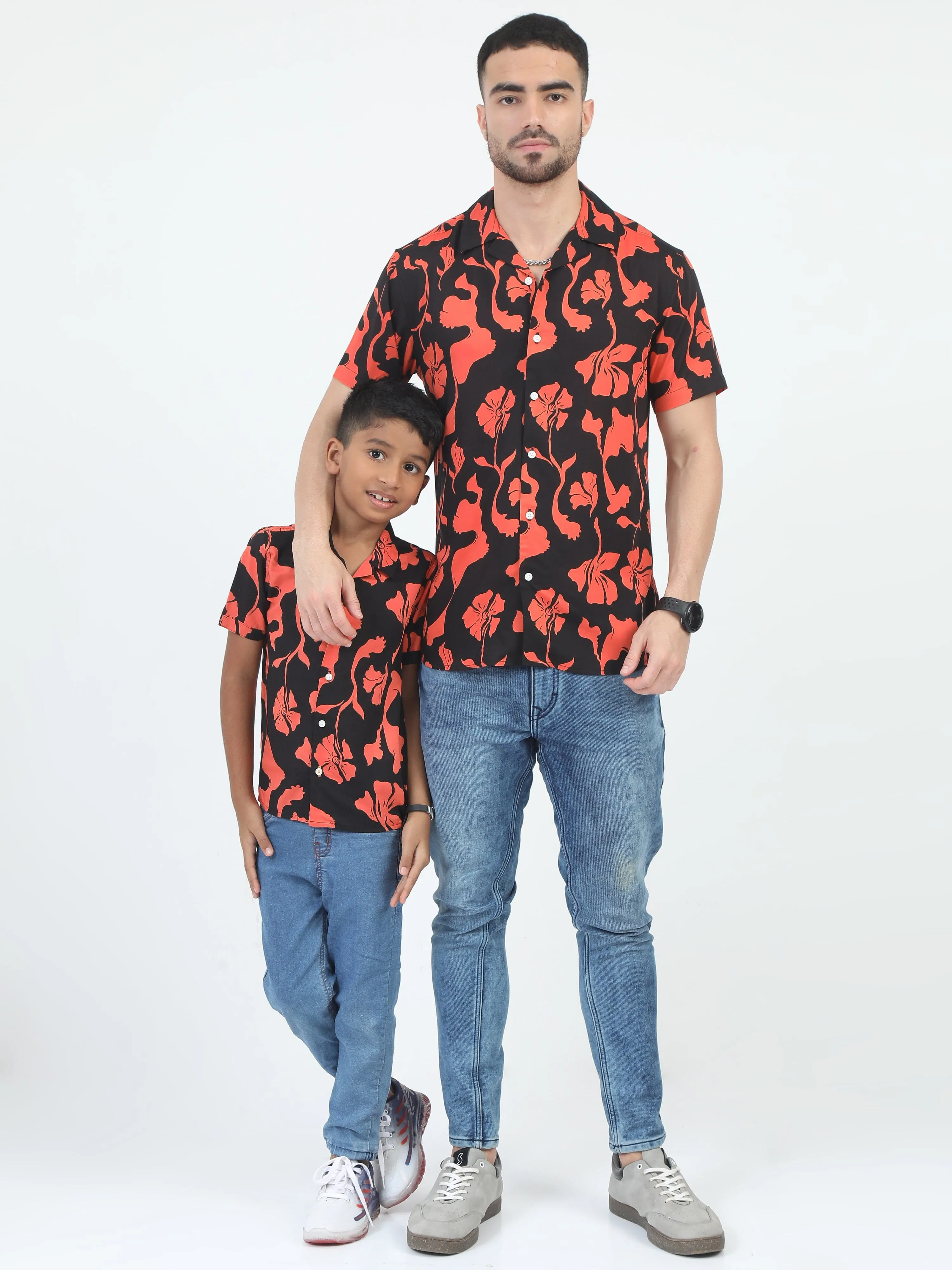 Dad & Son Flower Print Shirt Black Orange