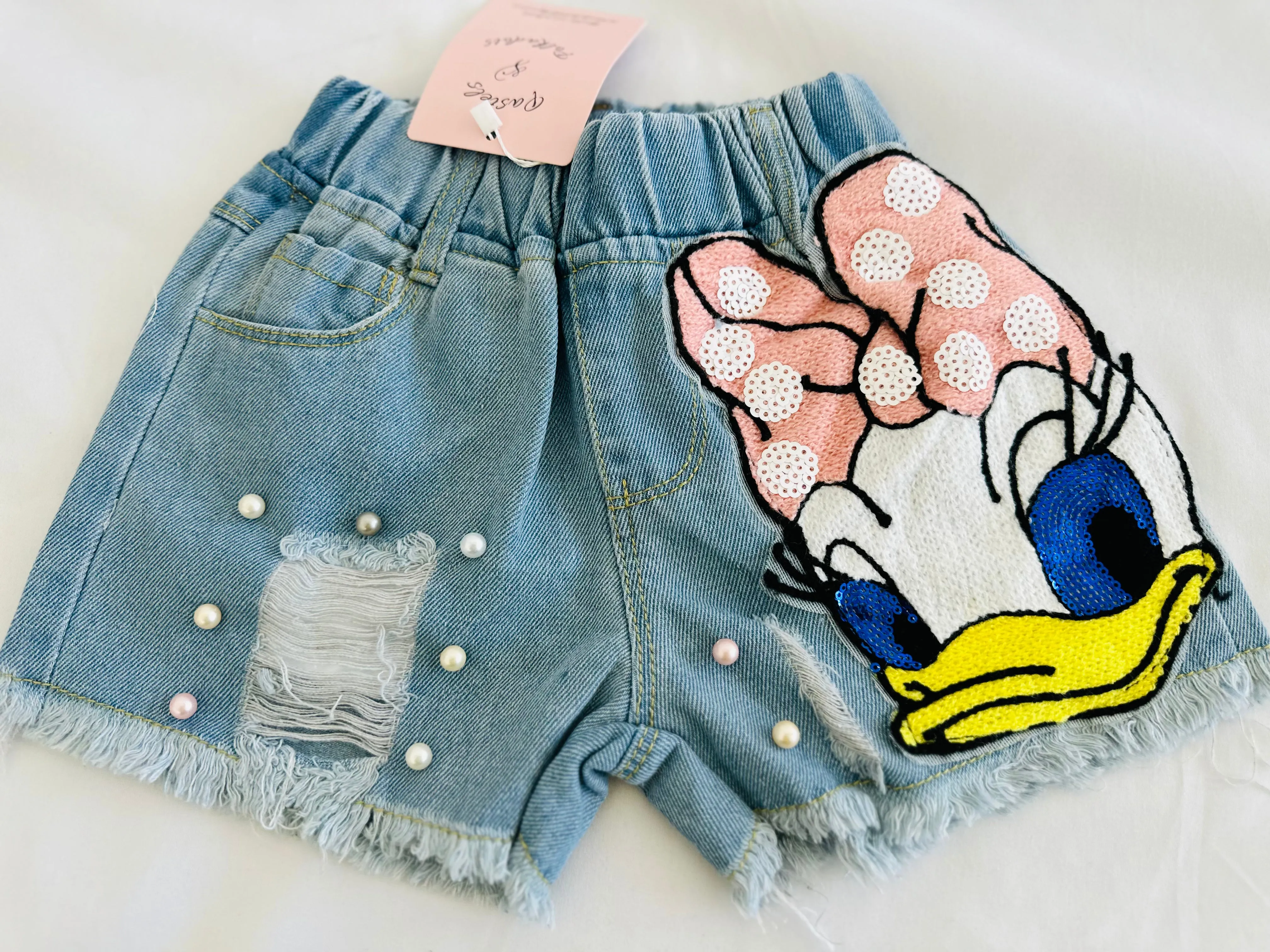 Denim Daisy Shorts with Pearl Details
