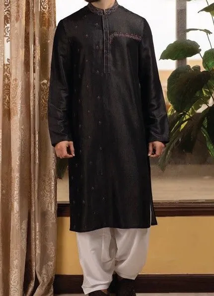 Designer Embroidered Men Kurta in Black White Shalwar- M14