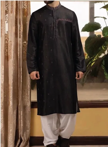 Designer Embroidered Men Kurta in Black White Shalwar- M14