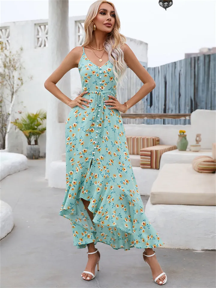 Drawstring Halter Dresses Cotton Small Floral Irregular Single-breasted Beach Dresses Women's Dresses Green