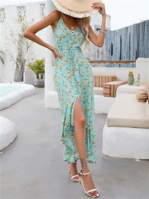 Drawstring Halter Dresses Cotton Small Floral Irregular Single-breasted Beach Dresses Women's Dresses Green