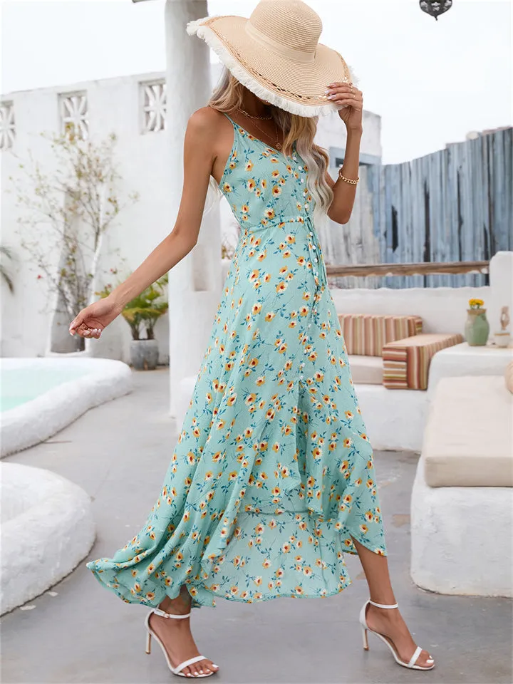 Drawstring Halter Dresses Cotton Small Floral Irregular Single-breasted Beach Dresses Women's Dresses Green