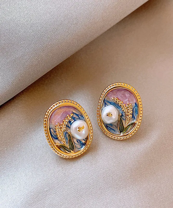 Elegant Gold Copper Alloy Pearl Enamel Stud Earrings