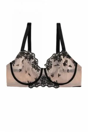 Evie Floral Embroidered Balcony Bra - Black/Peach -
