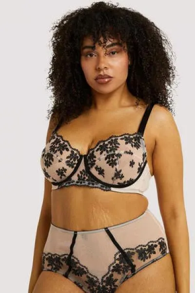 Evie Floral Embroidered Balcony Bra - Black/Peach -