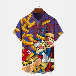 Fries Burger Pizza Christmas Button Casual Short Sleeve Shirt