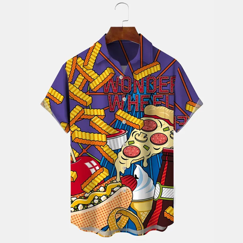 Fries Burger Pizza Christmas Button Casual Short Sleeve Shirt