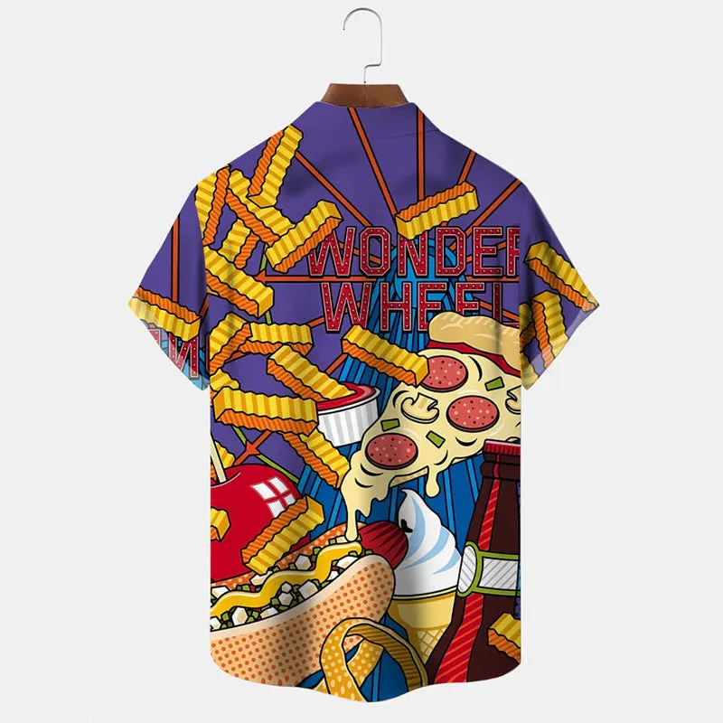 Fries Burger Pizza Christmas Button Casual Short Sleeve Shirt