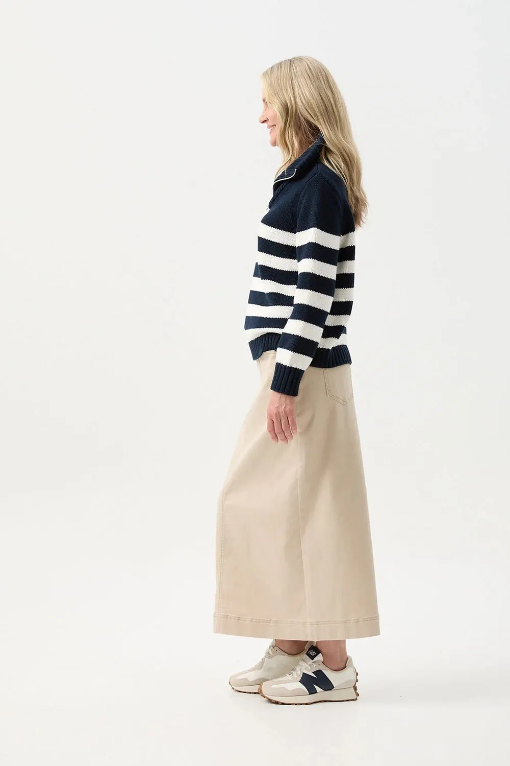 Goondiwindi Cotton Stripe Zip Jumper in Navy/Winter White 8209