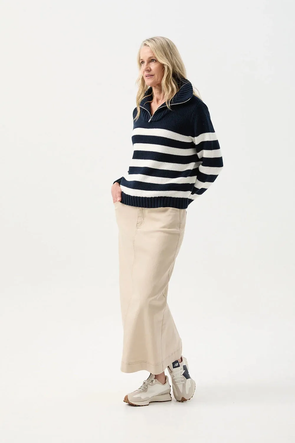 Goondiwindi Cotton Stripe Zip Jumper in Navy/Winter White 8209
