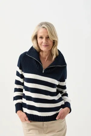 Goondiwindi Cotton Stripe Zip Jumper in Navy/Winter White 8209