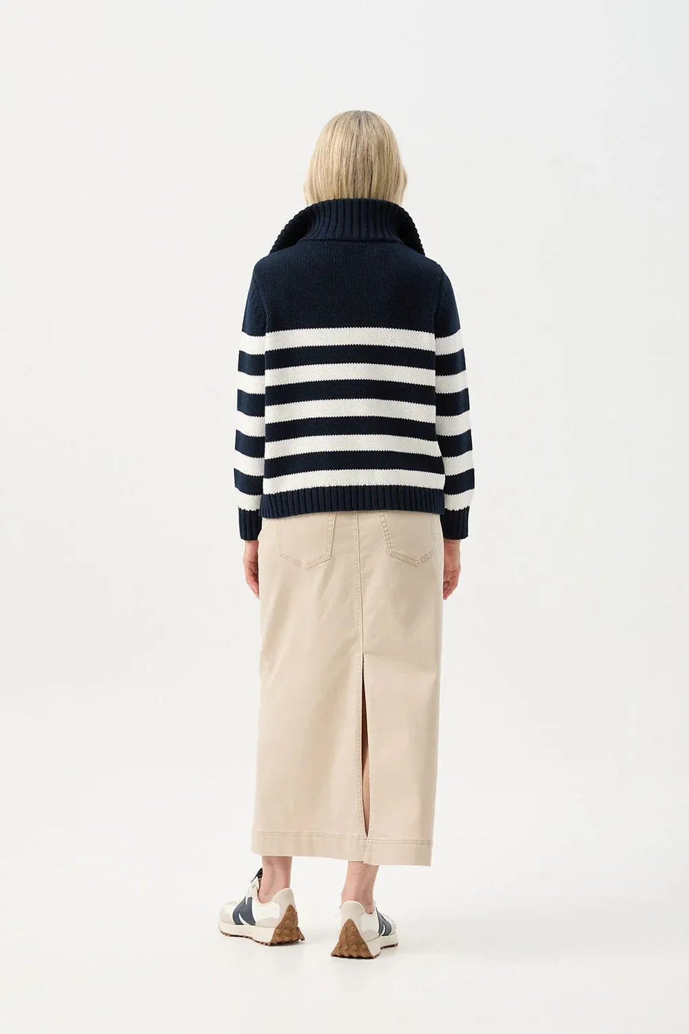 Goondiwindi Cotton Stripe Zip Jumper in Navy/Winter White 8209