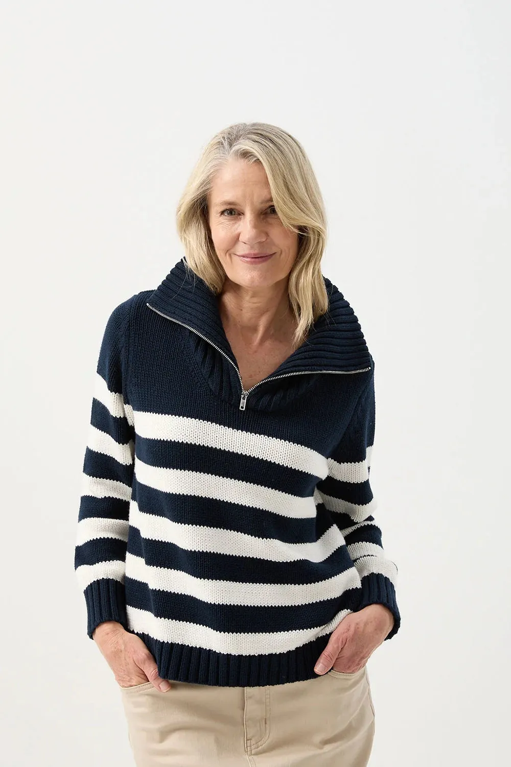 Goondiwindi Cotton Stripe Zip Jumper in Navy/Winter White 8209