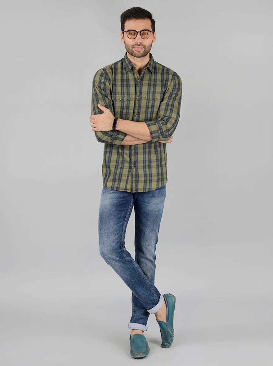 Green Checked Slim Fit Casual Shirt | JadeBlue