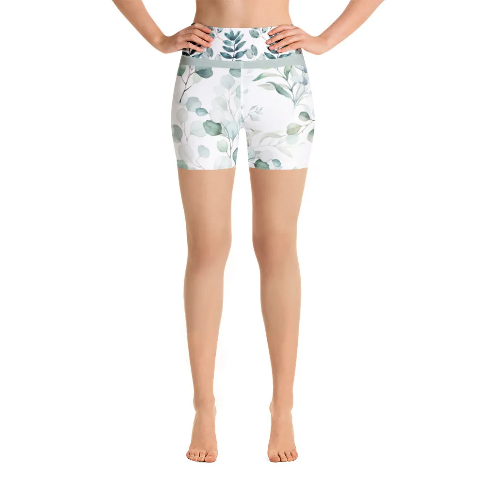 Green Watercolor Leaves - Yoga Shorts