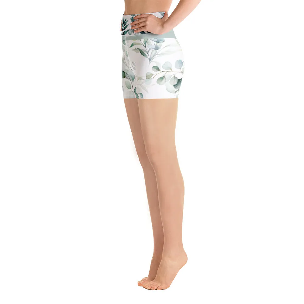 Green Watercolor Leaves - Yoga Shorts