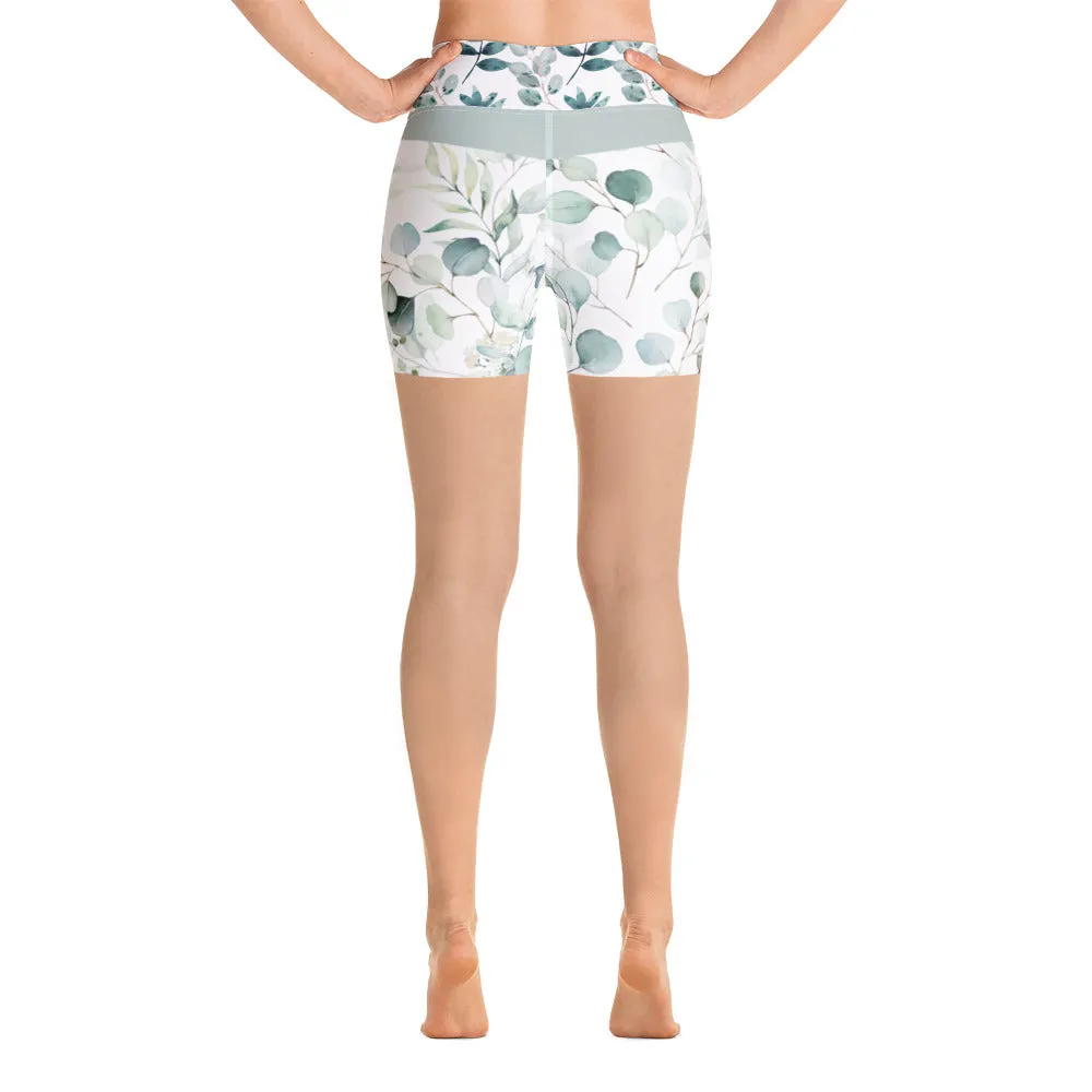 Green Watercolor Leaves - Yoga Shorts